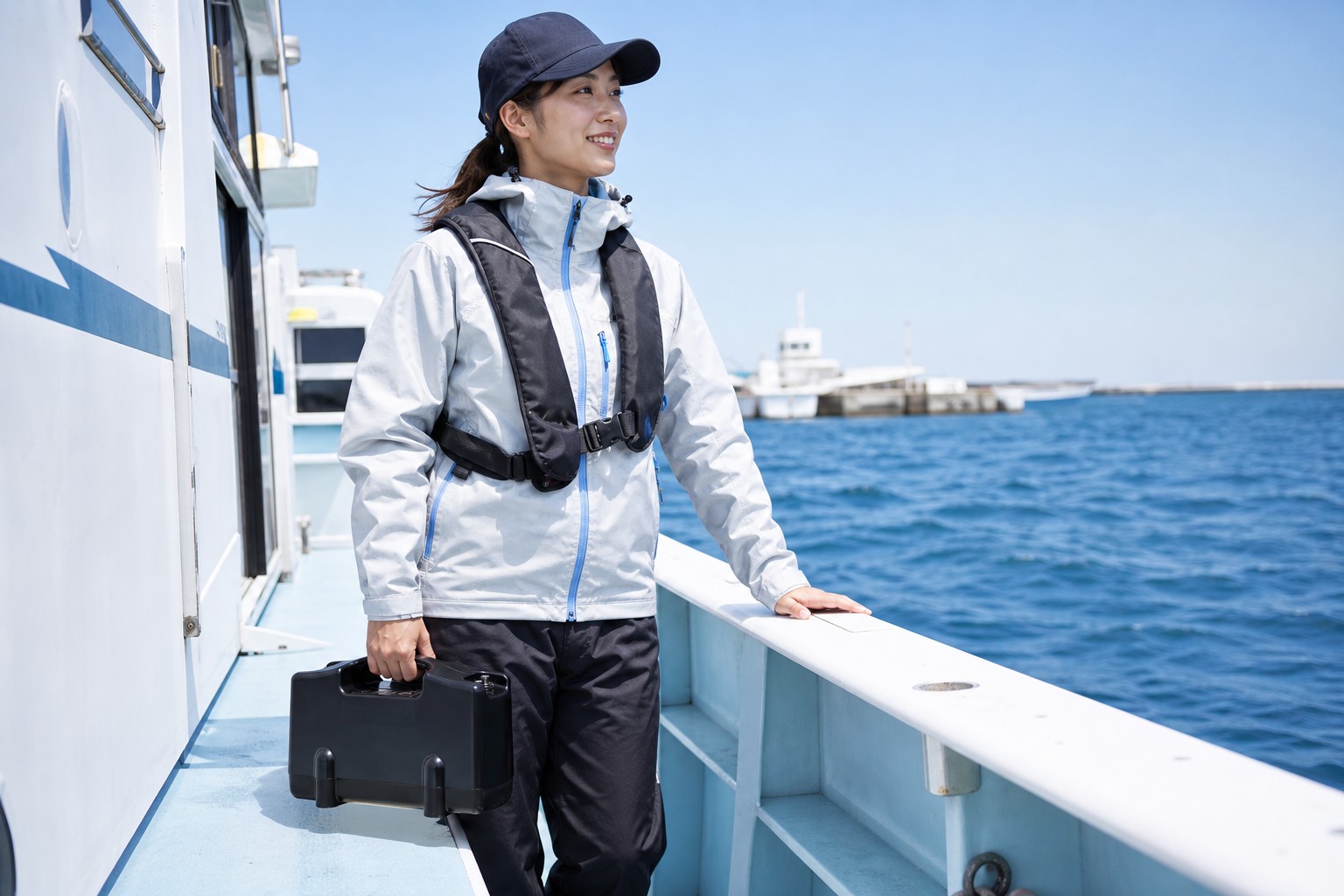 電動リール用の薄型バッテリーを両手で持つ女性アングラー