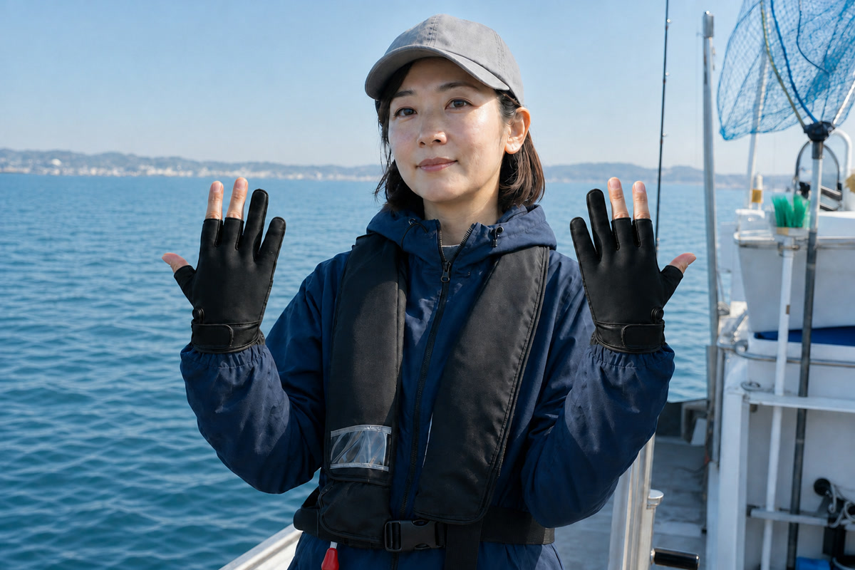 船上で両手を開きフィッシンググローブを見せる女性アングラー