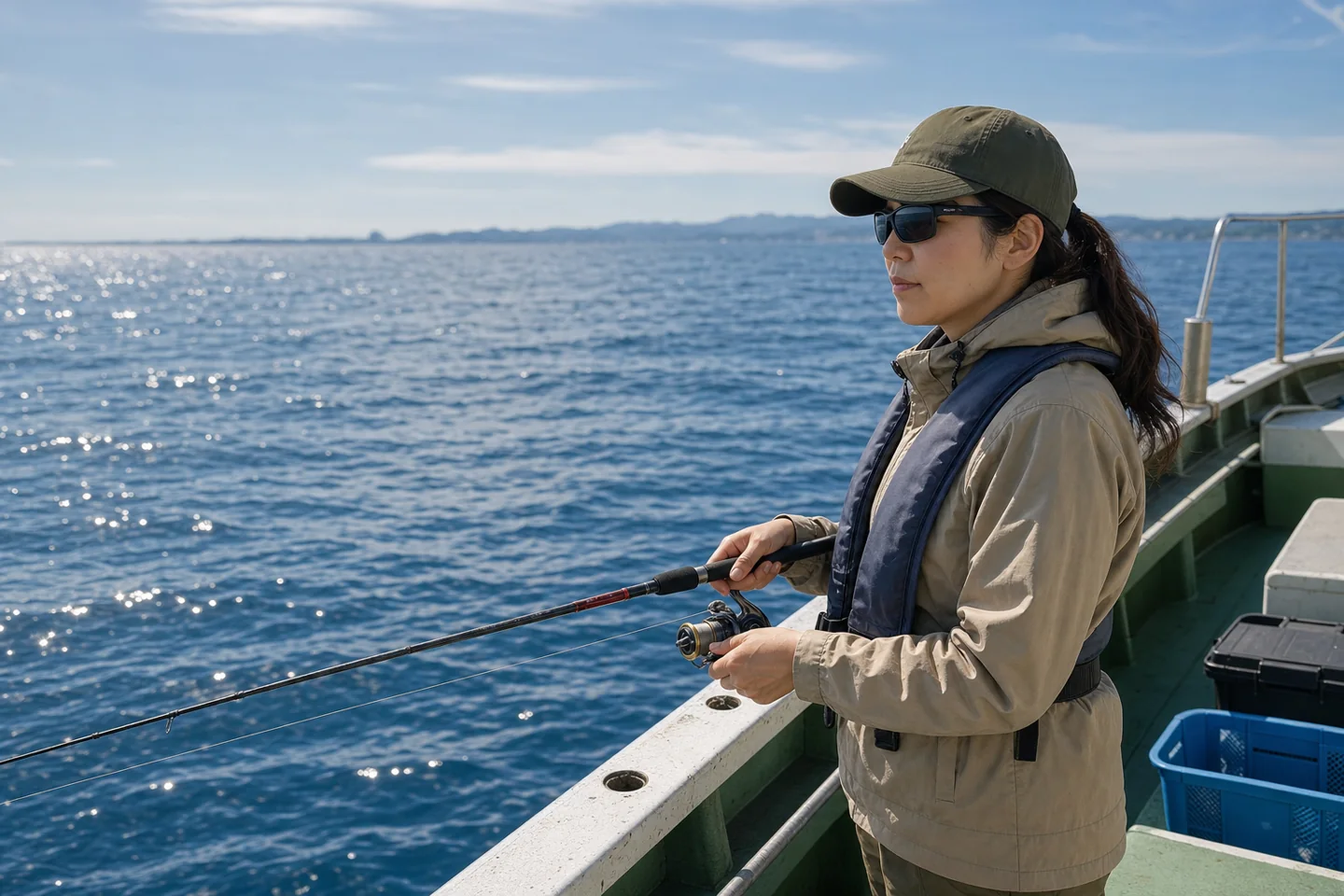 偏光サングラスを掛けて海面とラインを見ながら船釣りをする女性