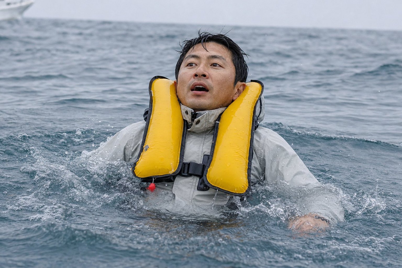 落水後に自動膨脹した肩掛け式ライフジャケットで水面へ浮き上がる船釣りの男性