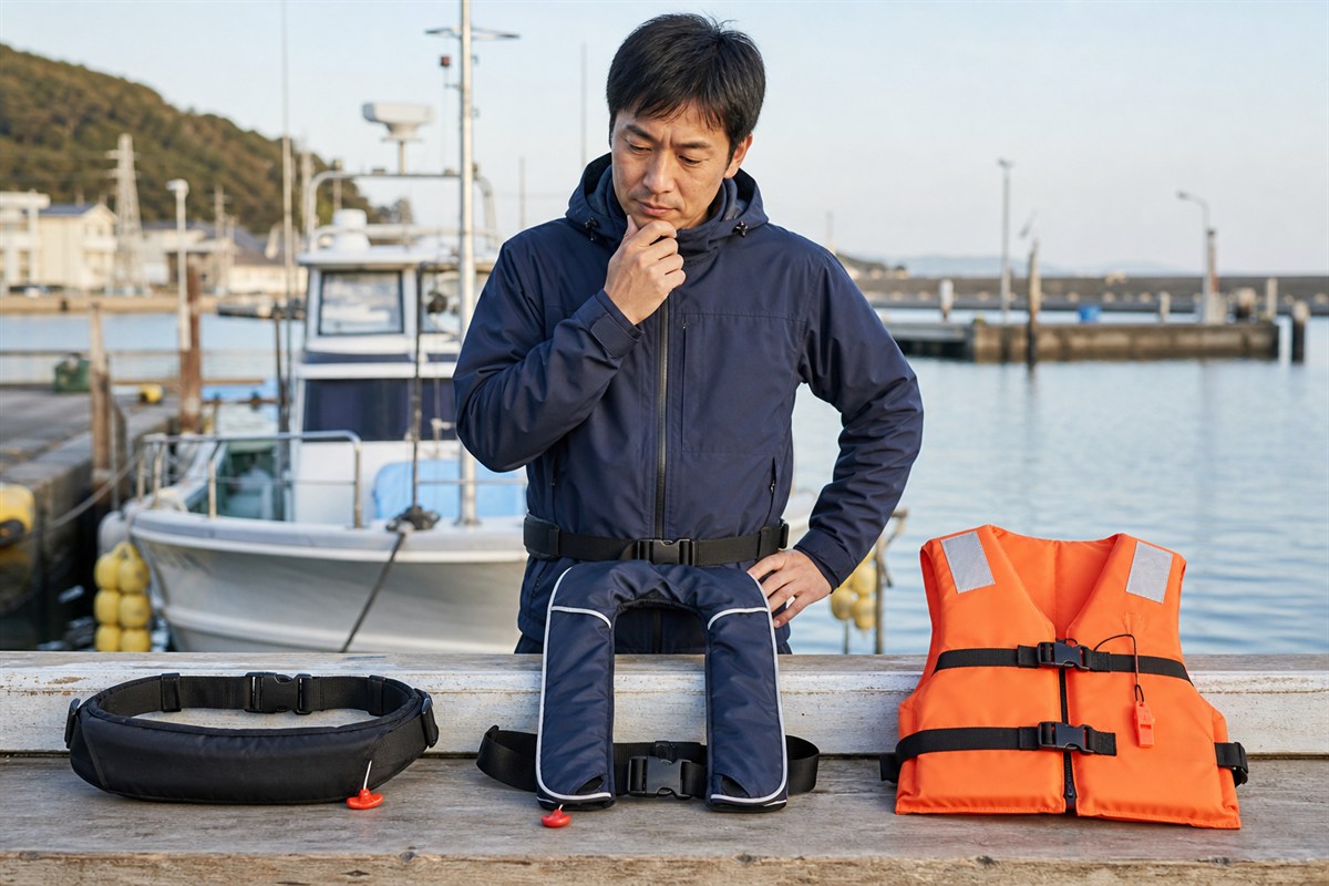 港でウエスト型・肩掛け型・固定式ベストの3種類を比べる船釣りの男性