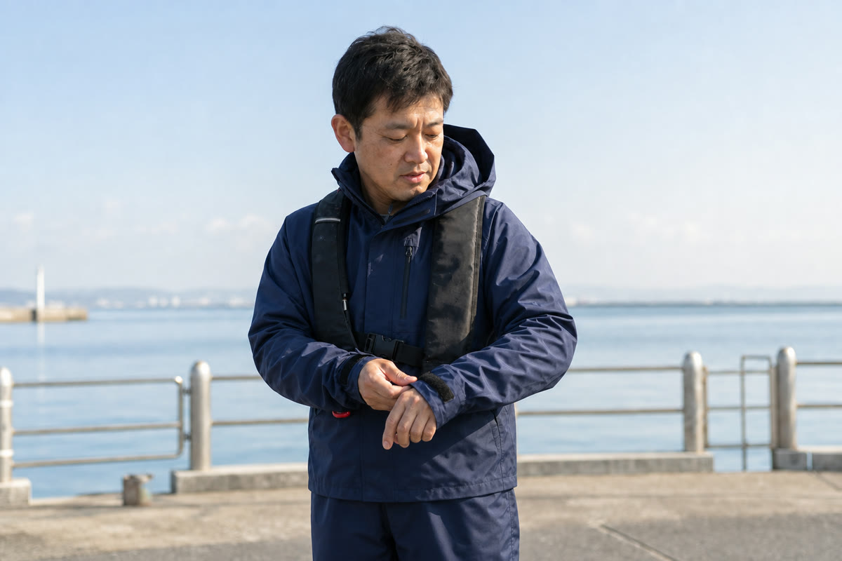 晴れた海辺で上下同色の船釣り用レインウェアの袖口を整える様子