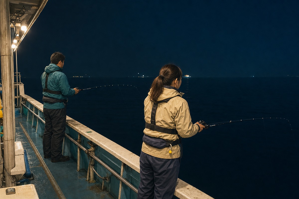 夏の夜に二人で海へロッドを向けてイカメタルを楽しむ様子