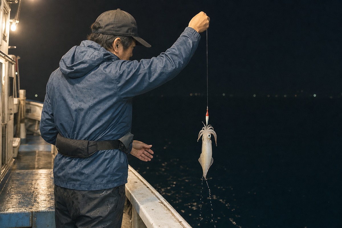 夜のイカメタルで釣り上げたケンサキイカを船べりへ取り込む様子