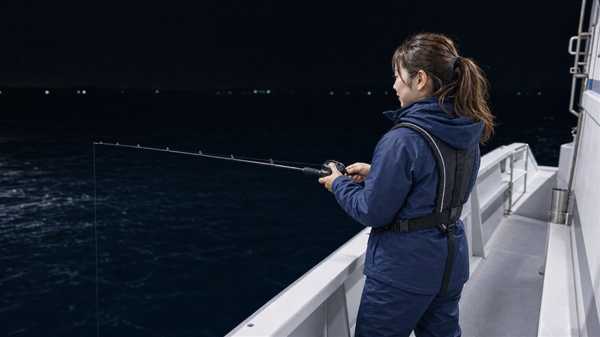 夜の船上で海へイカメタルロッドを構えて穂先を見ている様子