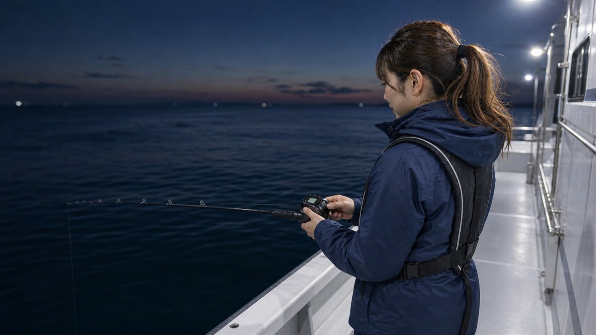 薄暮の船上で集魚灯が点いたあとカウンター付きリールの水深を確認する様子