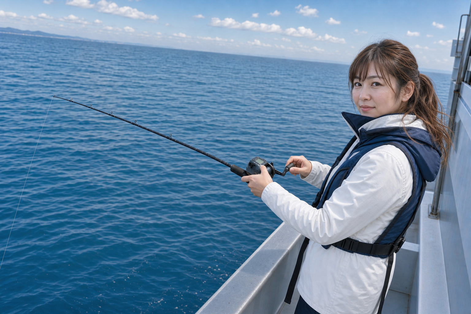 合わせを外したあと、同じタナへ戻すためにリールを巻く女性
